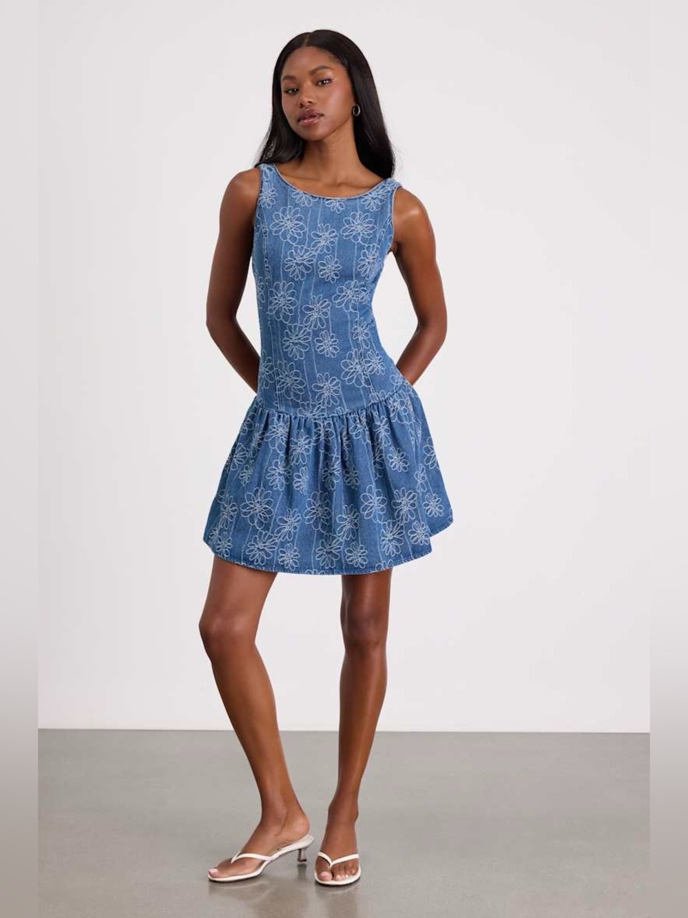 Lulus Floral Denim Drop Waist Mini Dress size S NWT boho western cottagecore